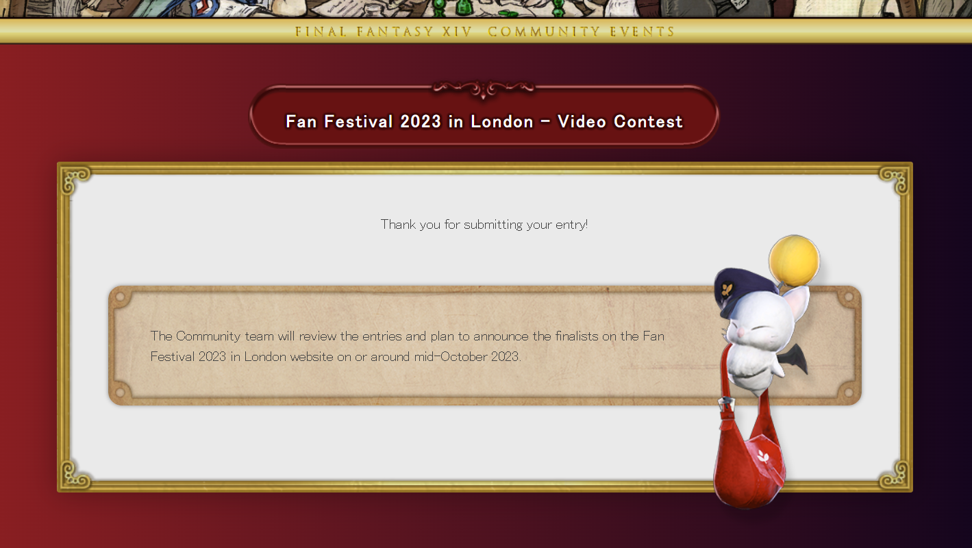 A screenshot confirming the successful submission of an entry to the video contest. A postmoogle is next to a text box that says the Community team will announce the finalists around mid-October 2023.